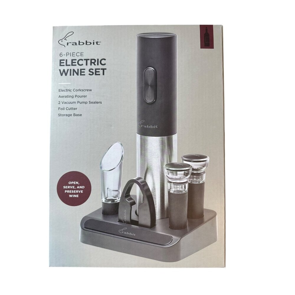 Rabbit 6-Piece Electric Wine Set With Electric Corkscrew Aerating Pourer Vacuum
